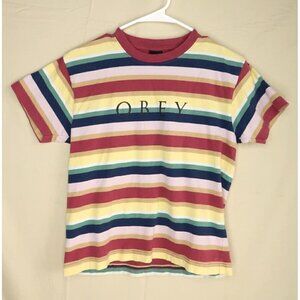 Obey T-Shirt Charlie Box Fuchsia Multi Stripe Spell Out Tee Women's Small EUC